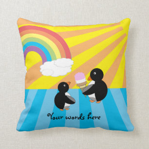Penguins with ice cream and rainbow throw pillow