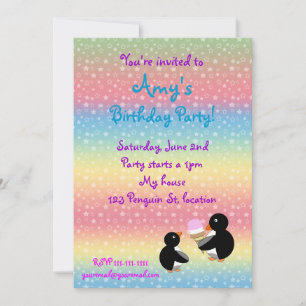 Penguins with ice cream onrainbow stars invitation