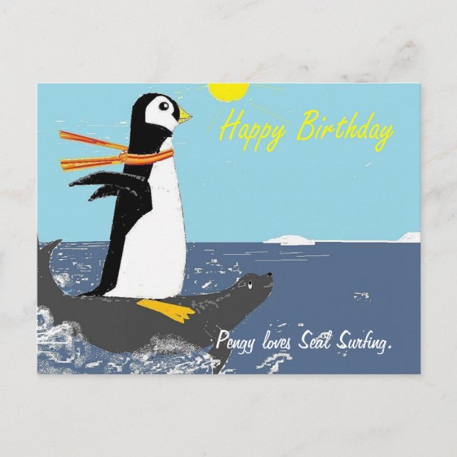 Pengy Loves Seal Surfing. Postcard (Front)