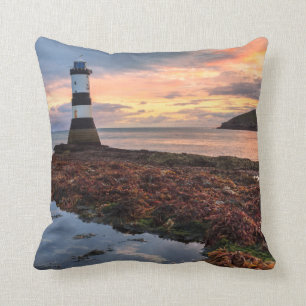 Penmon Lighthouse Sunrise Puffin Island Throw Pillow