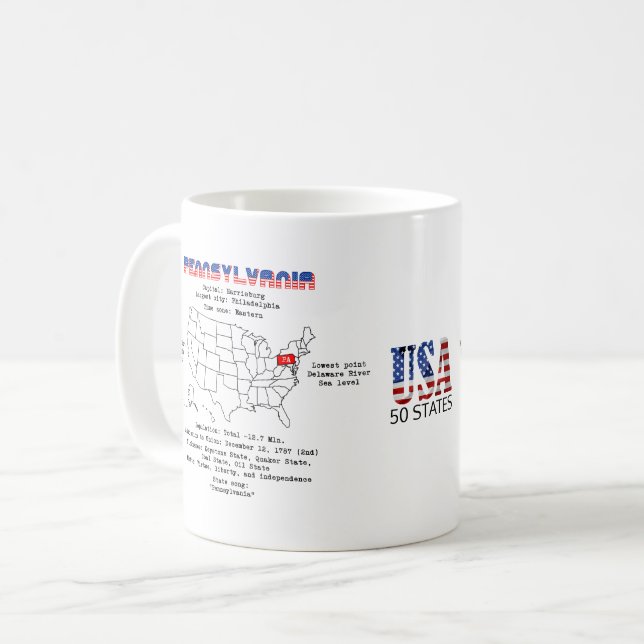 Pennsylvania American state on a map and details Coffee Mug (Front Left)