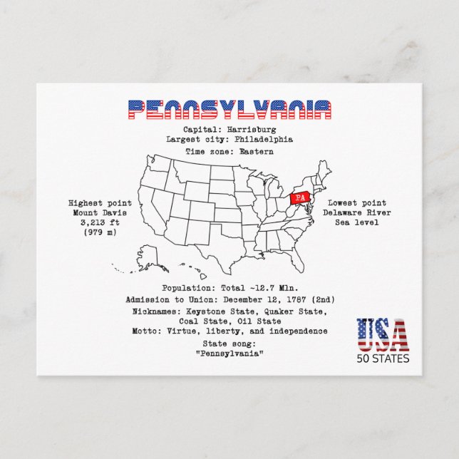 Pennsylvania American state on a map and details Holiday Postcard (Front)
