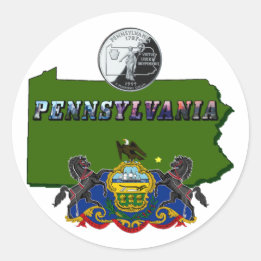 Pennsylvania Map, Quarter, Flag and Picture Text Classic Round Sticker