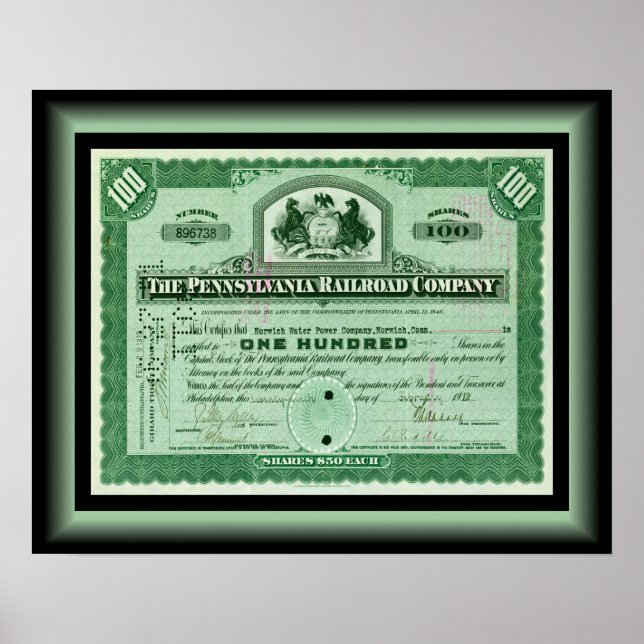 Pennsylvania Railroad Company ~ Stock Certificate  Poster (Front)