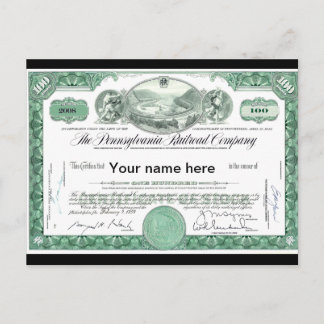 Pennsylvania Railroad CUSTOM Stock Certificate Postcard