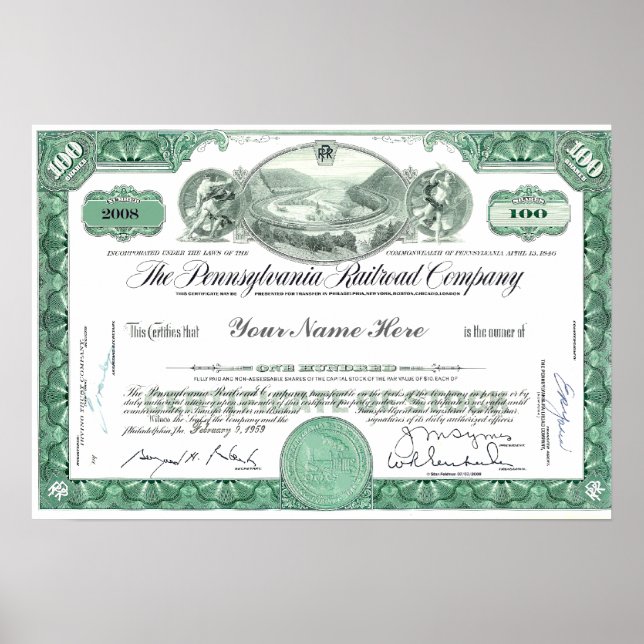 Pennsylvania Railroad CUSTOM Stock Certificate Poster (Front)