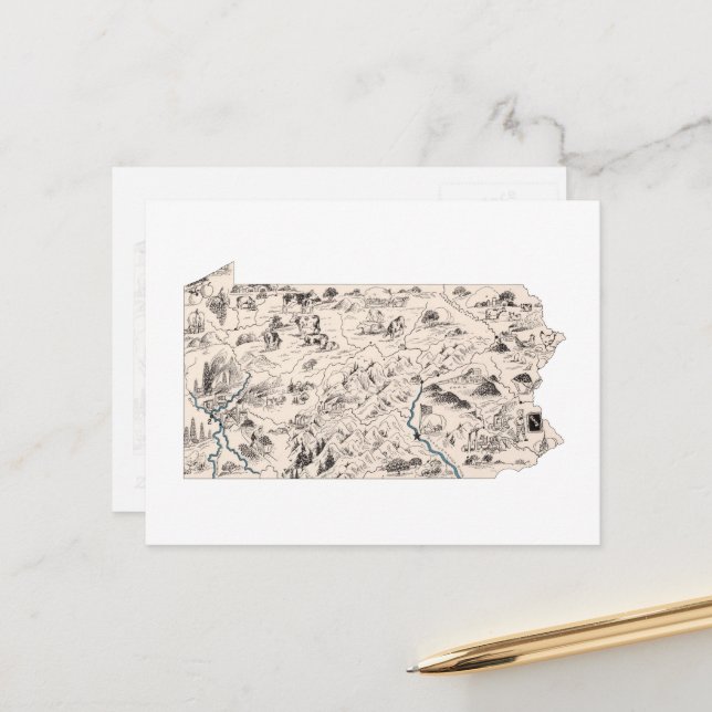 Pennsylvania Vintage Picture Map Antique Chart Postcard (Front/Back In Situ)