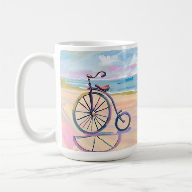 Penny farthing bike parked on beach coffee mug (Left)