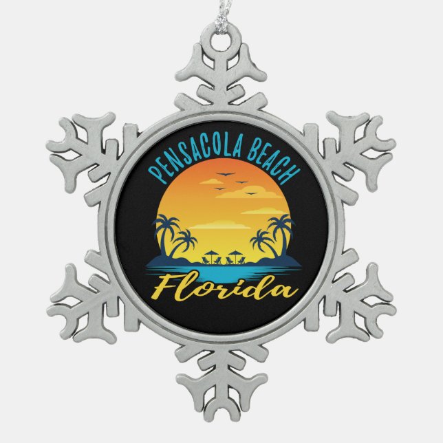 Pensacola Beach Florida Palm Trees Beach Snowflake Pewter Christmas Ornament (Front)