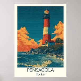 Pensacola Florida Vintage Lighthouse Travel Art Poster