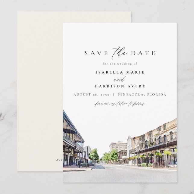 PENSACOLA Florida Watercolor Travel Save the Date Invitation (Front/Back)