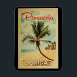 Pensacola Palm Tree Vintage Travel Magnet<br><div class="desc">A uniquely retro mid-century modern Pensacola Florida art print in vintage travel poster style. It features a curved palm tree on sandy beach with ocean under a blue cloudy sky.</div>