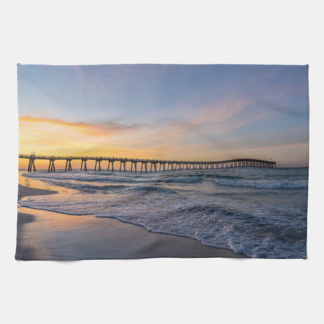 Pensacola Pier Shoreline Sunrise Kitchen Towel (Horizontal)