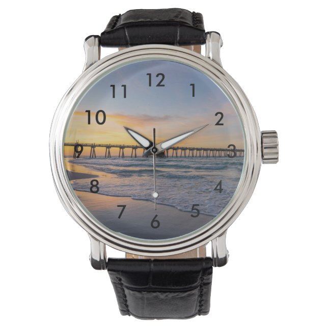 Pensacola Pier Shoreline Sunrise Wrist Watch (Front)
