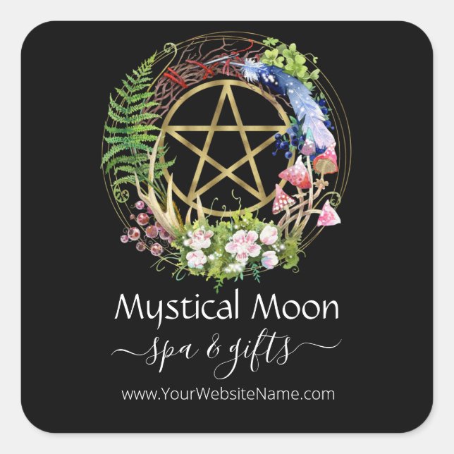Pentacle Nature Wreath Flowers Boho Black Business Square Sticker (Front)