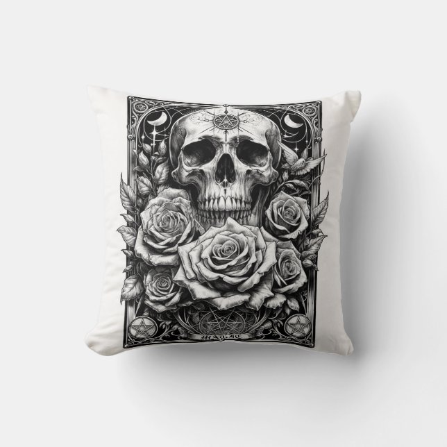Pentacle Skeleton Skull & Roses Tarot Art Throw Pillow (Front)