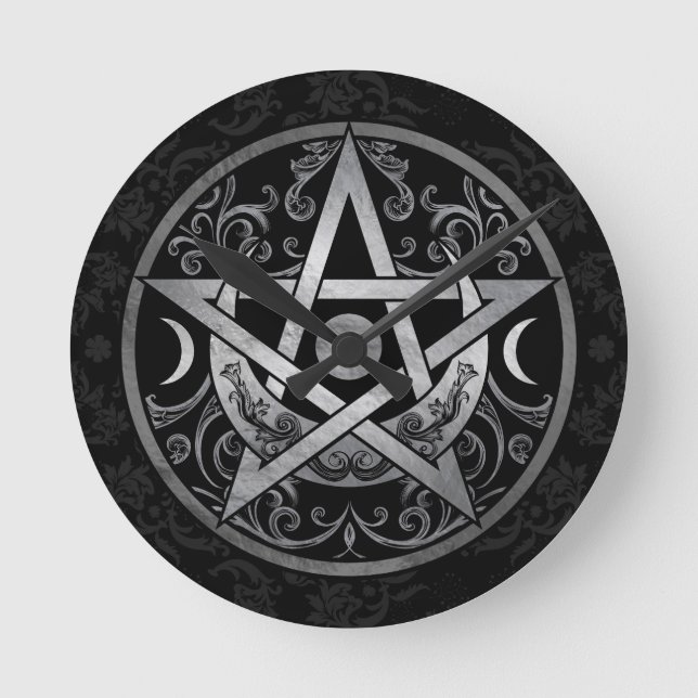 Pentagram Ornament - Silver and Black Round Clock (Front)