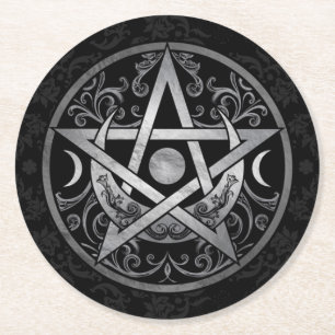 Pentagram Ornament - Silver and Black Round Paper Coaster