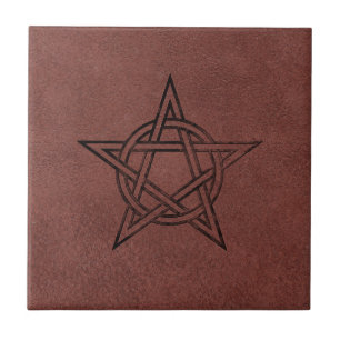 Pentagram - Pagan Magic Symbol on Red Leather Tile