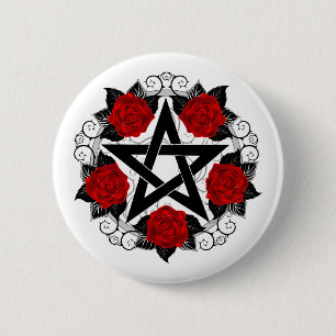 Pentagram with Red Roses 2 Inch Round Button