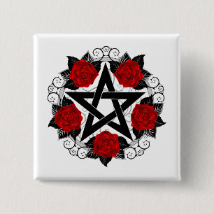 Pentagram with Red Roses 2 Inch Square Button