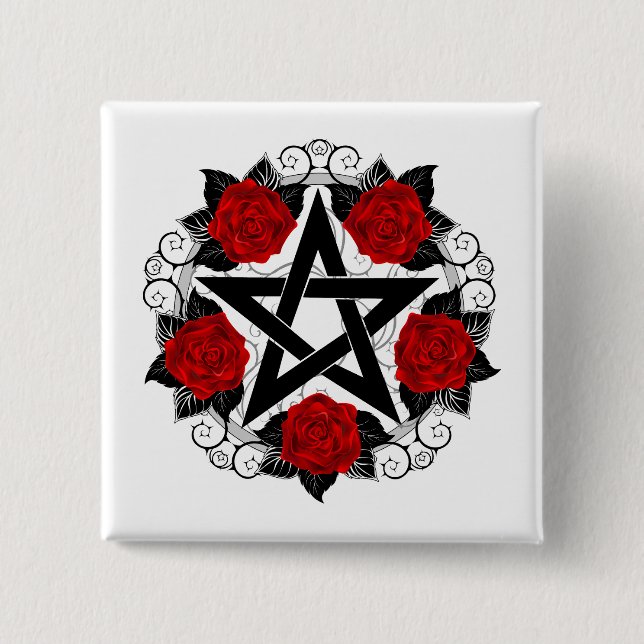 Pentagram with Red Roses 2 Inch Square Button (Front)