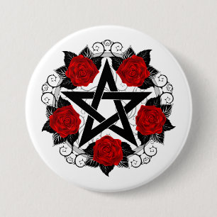 Pentagram with Red Roses 3 Inch Round Button