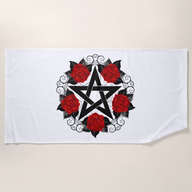 Pentagram with Red Roses Beach Towel (Front)