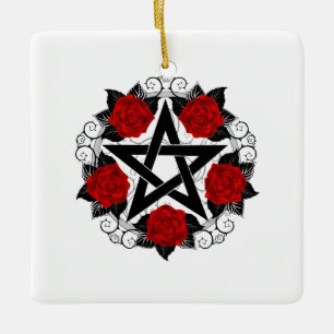 Pentagram with Red Roses Ceramic Ornament