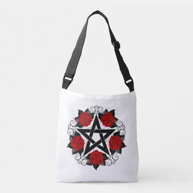 Pentagram with Red Roses Crossbody Bag (Front)