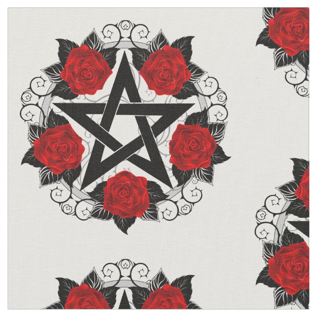 Pentagram with Red Roses Fabric (Close Up)