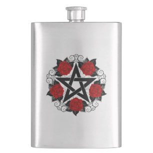 Pentagram with Red Roses Hip Flask