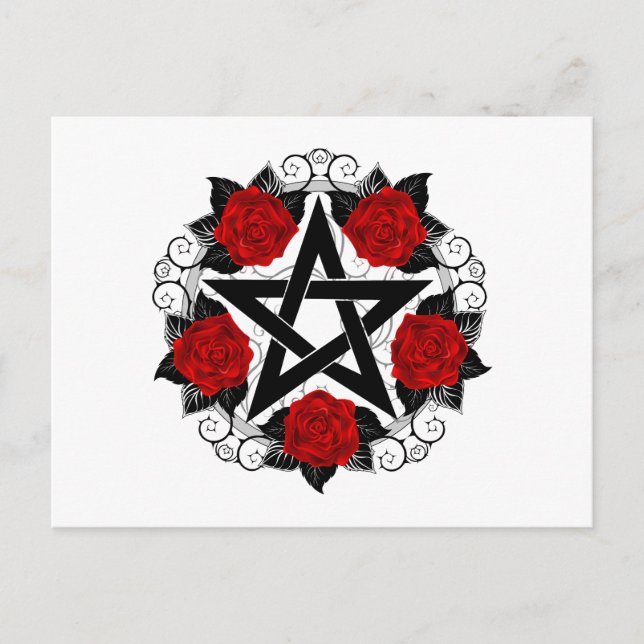 Pentagram with Red Roses Holiday Postcard (Front)