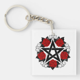 Pentagram with Red Roses Keychain