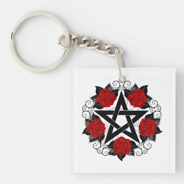 Pentagram with Red Roses Keychain (Front)