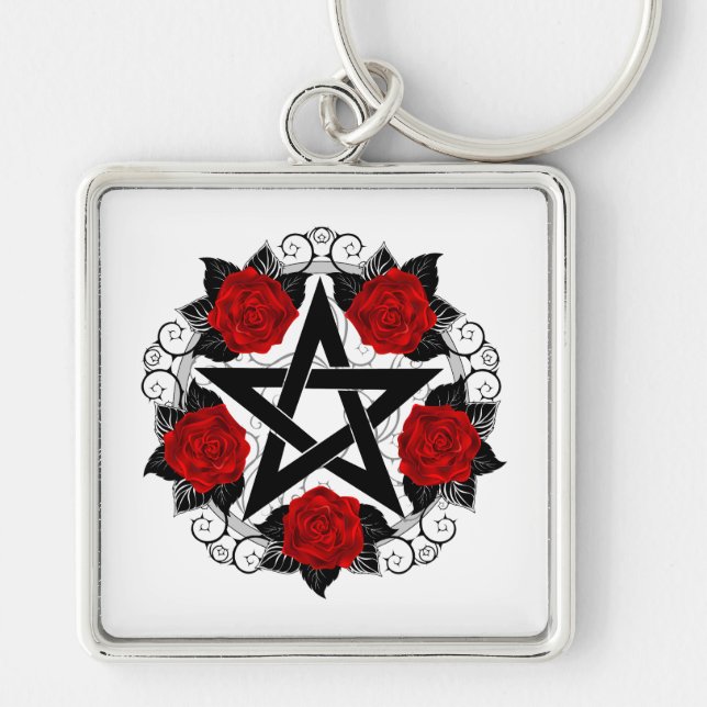 Pentagram with Red Roses Keychain (Front)