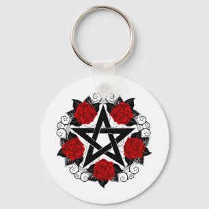 Pentagram with Red Roses Keychain