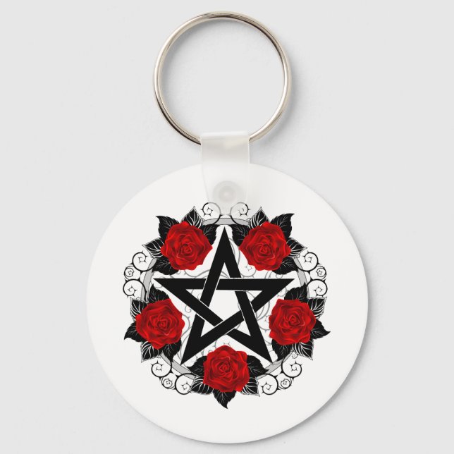 Pentagram with Red Roses Keychain (Front)