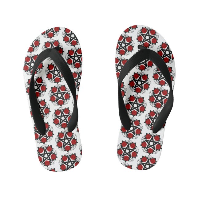 Pentagram with Red Roses Kid's Flip Flops (Footbed)