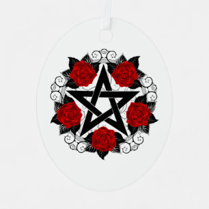 Pentagram with Red Roses Metal Ornament