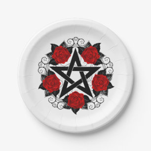 Pentagram with Red Roses Paper Plate