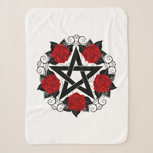 Pentagram with Red Roses Sherpa Blanket (Front)