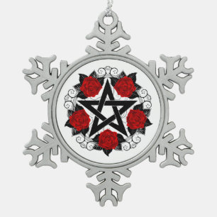 Pentagram with Red Roses Snowflake Pewter Christmas Ornament