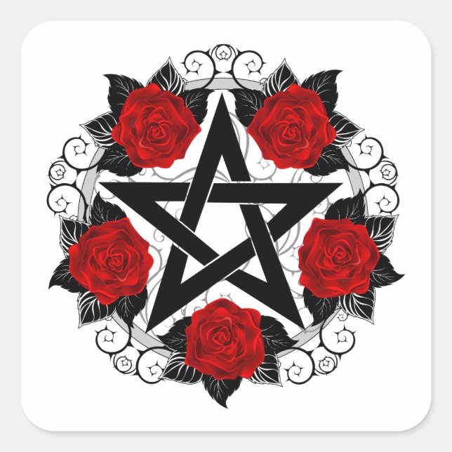 Pentagram with Red Roses Square Sticker (Front)