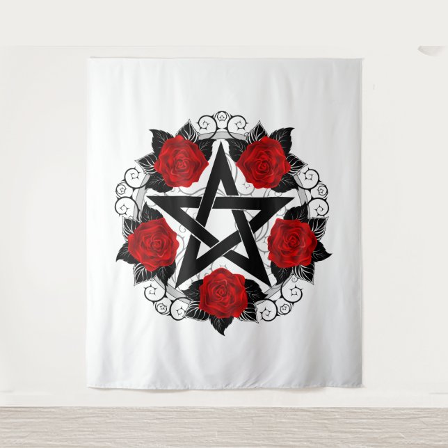 Pentagram with Red Roses Tapestry (Front)