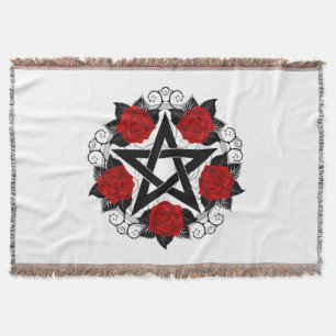 Pentagram with Red Roses Throw Blanket