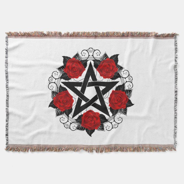 Pentagram with Red Roses Throw Blanket (Front)