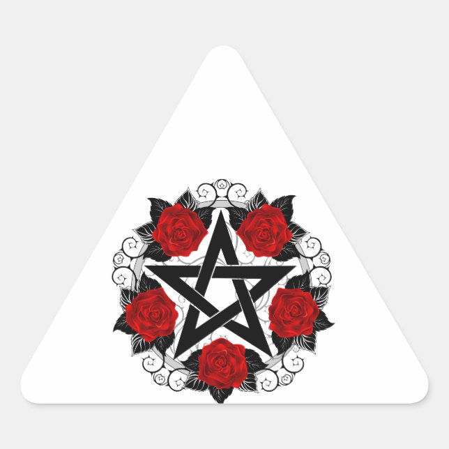 Pentagram with Red Roses Triangle Sticker (Front)