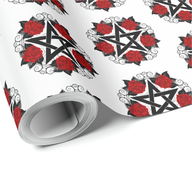 Pentagram with Red Roses Wrapping Paper (Roll Corner)