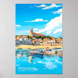 Penzance Cornwall vintage travel illustration Poster